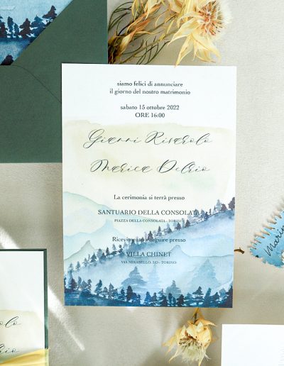 Partecipazione carta cotone con decoro in acquerello