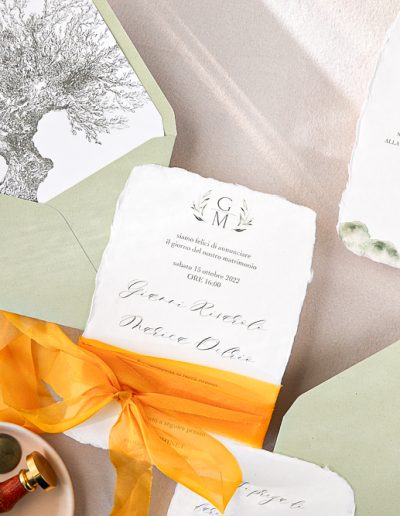 Partecipazione carta artigianale con disegno ulivo fatto a mano