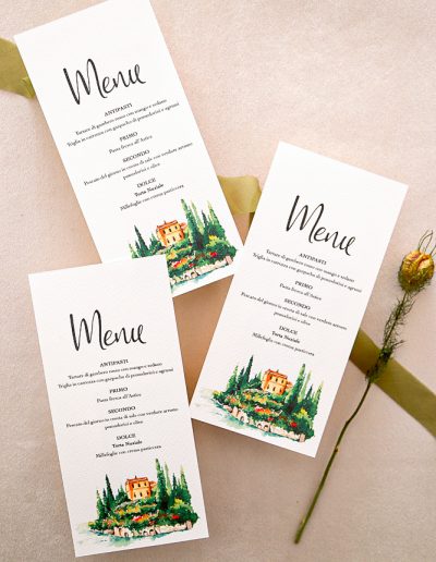 Menù e segnaposto matrimonio con ceralacca con decoro in acquerello