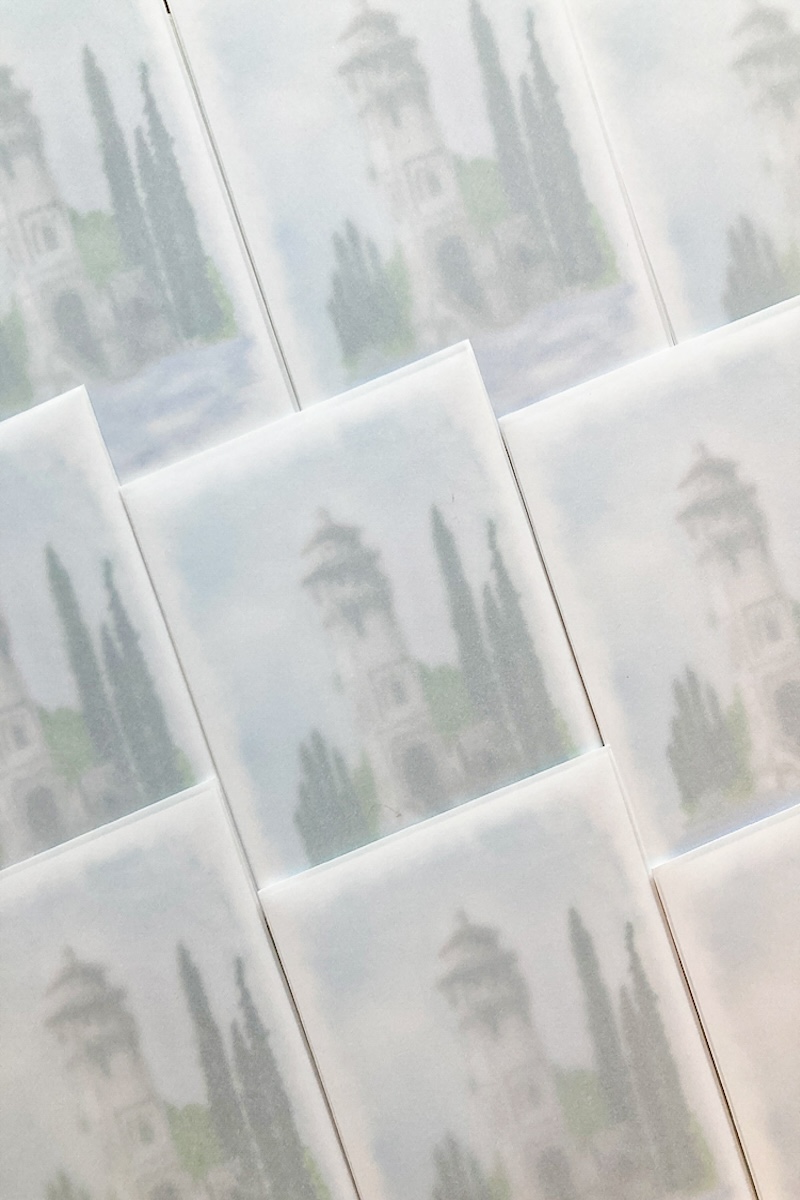 Partecipazione busta trasparente con decorazione in acquerello